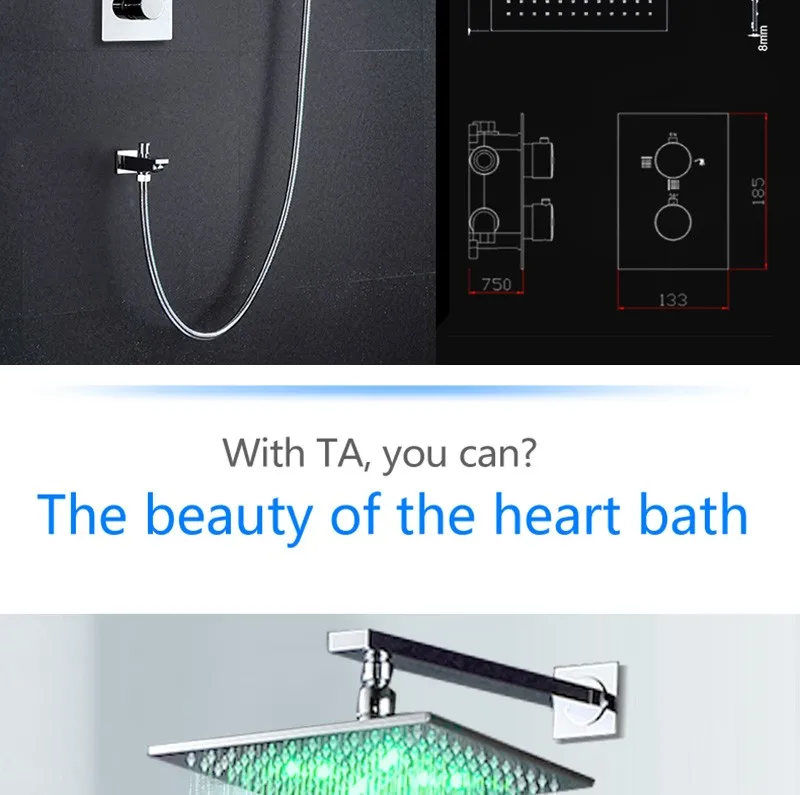 LED Shower Mixer Set Thermostat Faucet Shower Shower Head Powered by Water Square Saving Water Chromed Spout (12)