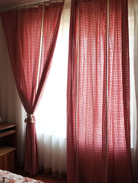 red white gingham checkered plaid living room curtain lace joint