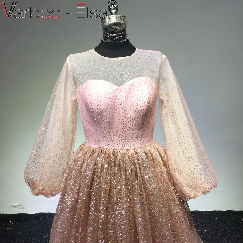 VARBOO_ELSA розовый винтажное вечернее платье А-силуэта, красивые вечерние платья Прозрачная кисея, тюль расшитый блестками с длинными рукавом вечерние платье