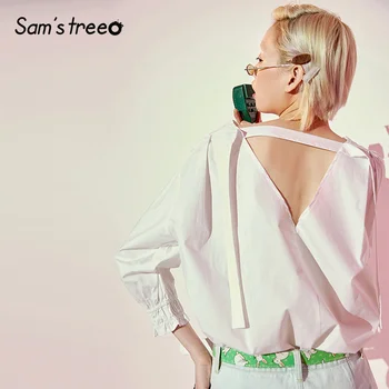 

SAM'S TREE White Solid Minimalist Style Women Shirt 2020 Summer Bishop Sleeve Pure Sexy Backless Office Ladies Casual Blouses