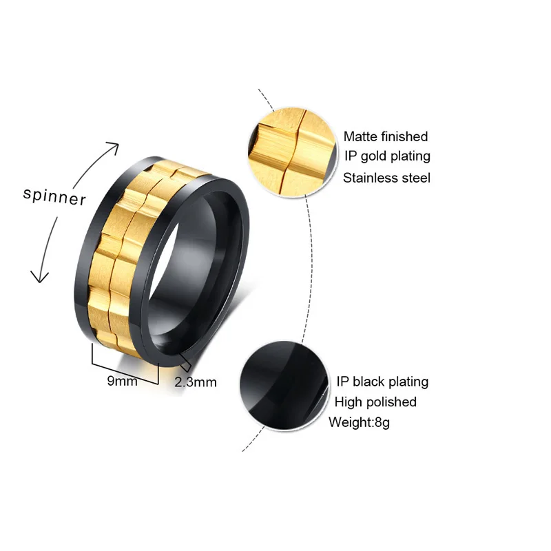 2 نغمات الذهب سبينر تململ خواتم رجل المنقولة والعتاد قلادة فضية من الفولاذ المقاوم للصدأ اللون الأسود الزفاف الماركات الذكور Anillos مجوهرات بس...