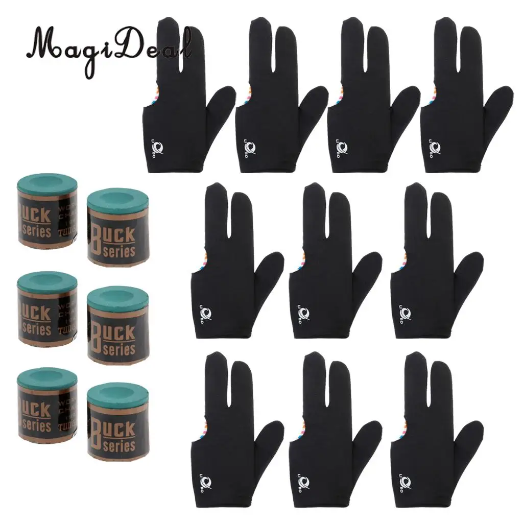 

MagiDeal High Quality 6 Snooker Pool Cue Tip Table Billiard Chalk + 10pcs 3 Finger Billiards Glove