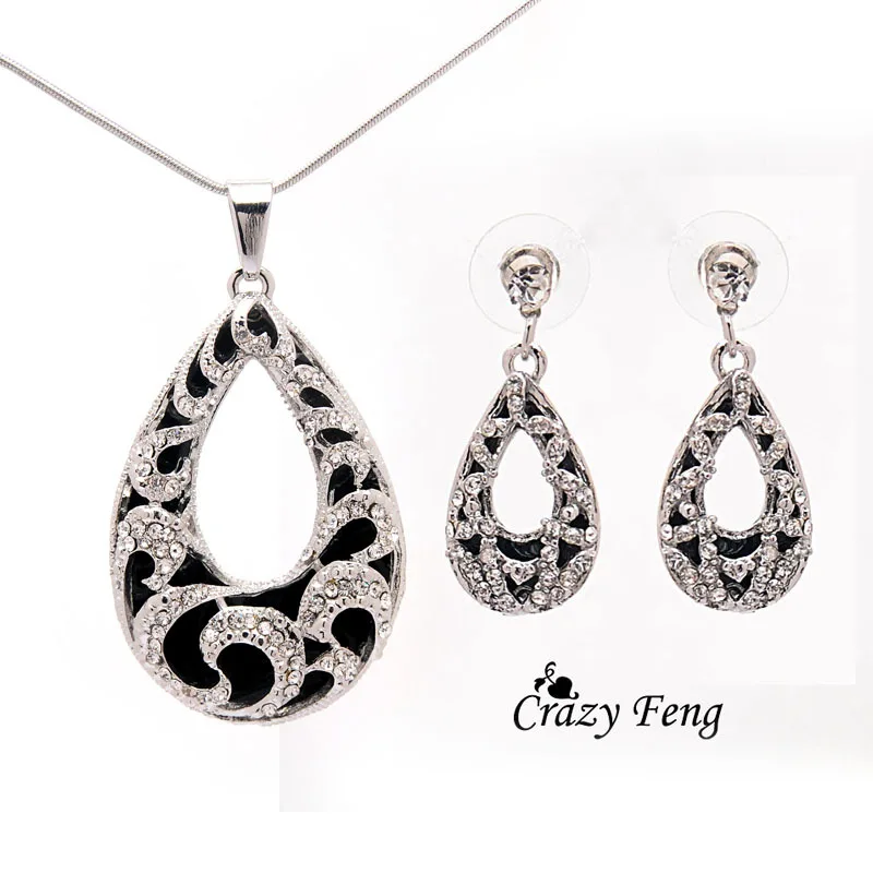 Crazy Feng женские 2 цвета австрийский кристалл капли воды кулон цепи ожерелье+ серьги Ювелирные наборы