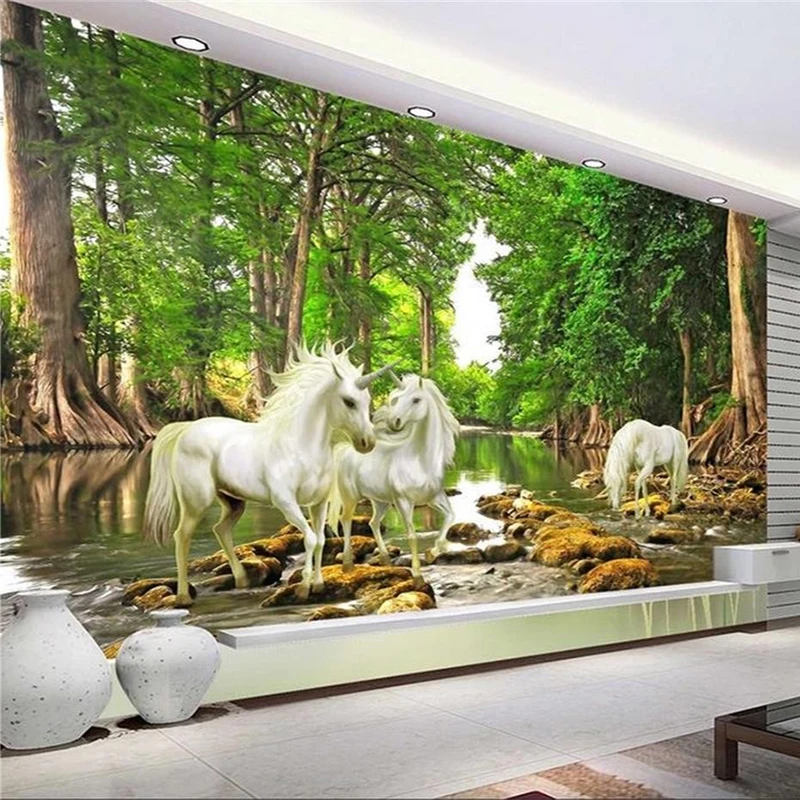 Пользовательские 3D Фреска европейские мифы Единорог в лесу река фото обои Гостиная диван фон обои украшения дома
