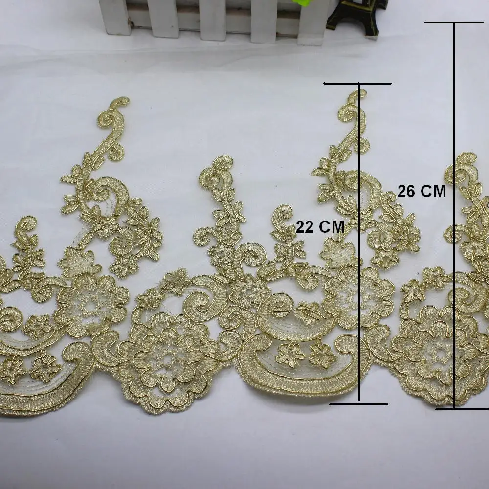 Золотая вышитая кружевная ткань для свадебного платья, самодельная одежда, аппликация цвета шампанского, Золотая кружевная отделка, зубчатые свадебные пояса 13 см-32 см - Цвет: Champagne Gold 26CM