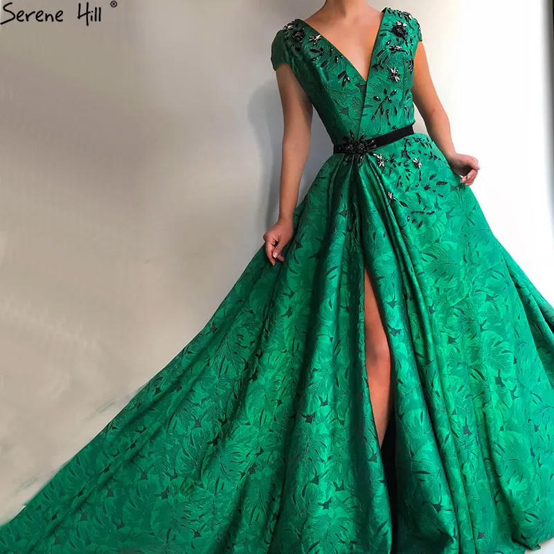 

Dubai Design Green Diamond V-Neck Prom Dresses 2019 Sleeveless Sexy Sparkle Prom Gowns Real Photo BLA60733