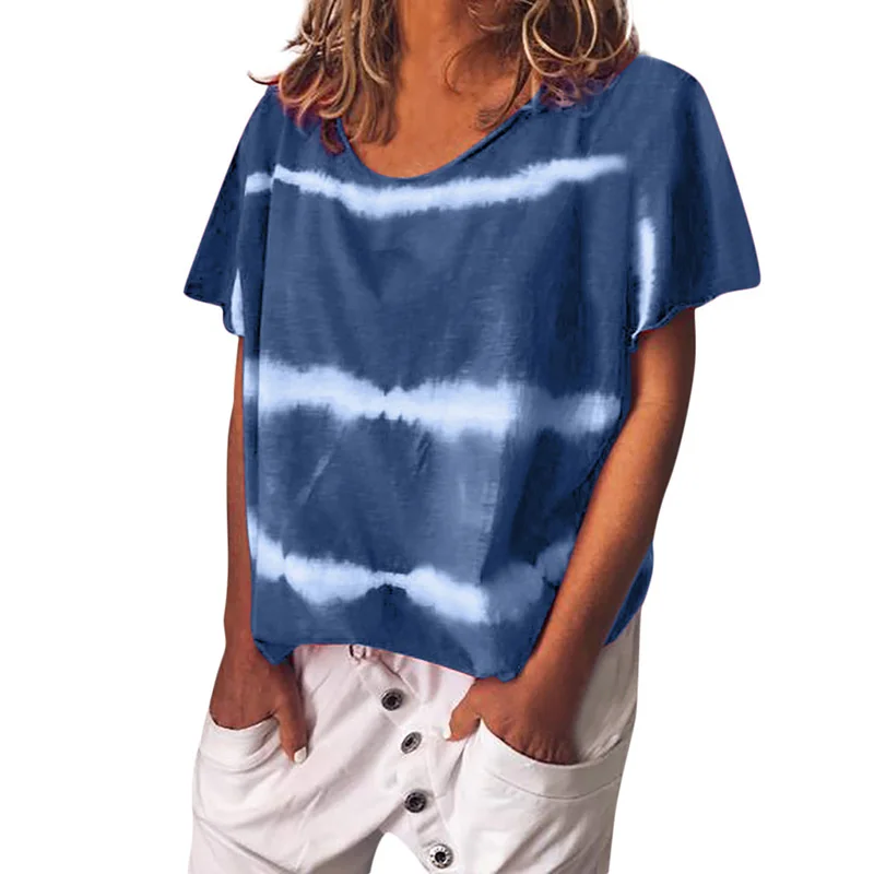 

Plus Size Summer Women Short Sleeve O Neck Tie Dye Loose Top Tees Female Fashion Casual European Style T-shirt SJ3196M