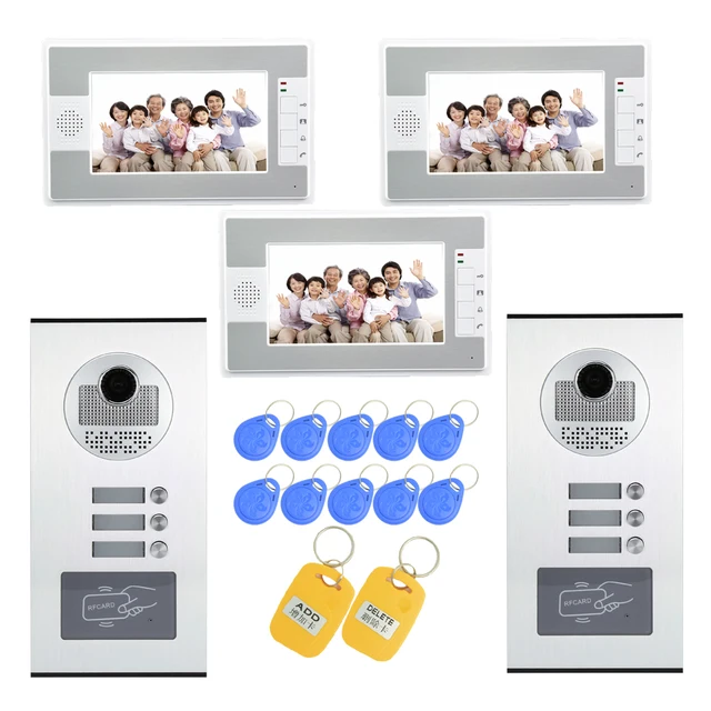 (1 SET) Intelligent Home 2 camera to 3 Monitor Video Door phone RFID Inductive Card Easy Unlock Family use HD 700 Lines intercom