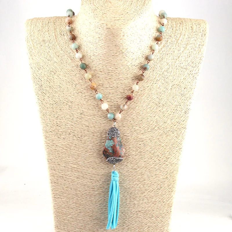 

Free Shipping Fashion Bohemian Tribal Jewelry Rosary Chain Amazonite bead Handmake Paved Natural Bead Blue Tassel Necklace