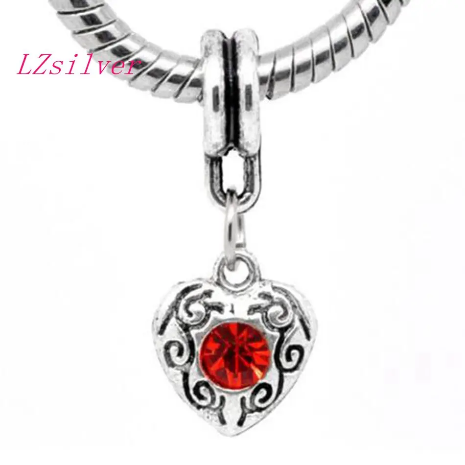 

100 pcs Antique Silver Red Rhinestone July Birthstone Heart Charm Pendants for European Bracelets 24mm x 10mm A-006940
