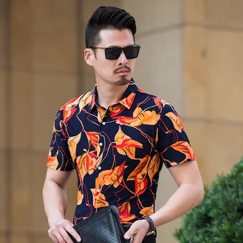 

Hot latest sytly 2018 mens summer floral printed clothes sexy man fashion striped short sleeve dress shirts
