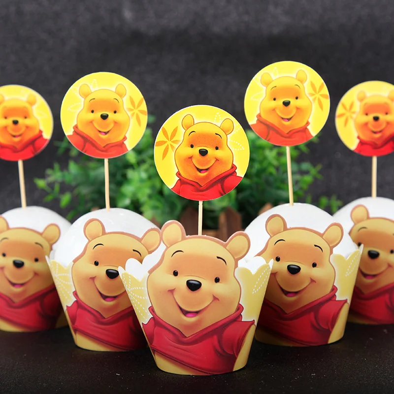 24pcs Winnie Cupcake Wappers Cake Decorations Cake Topper Set for Winnie Gender Reveal Baby Shower Birthday Party Supplies