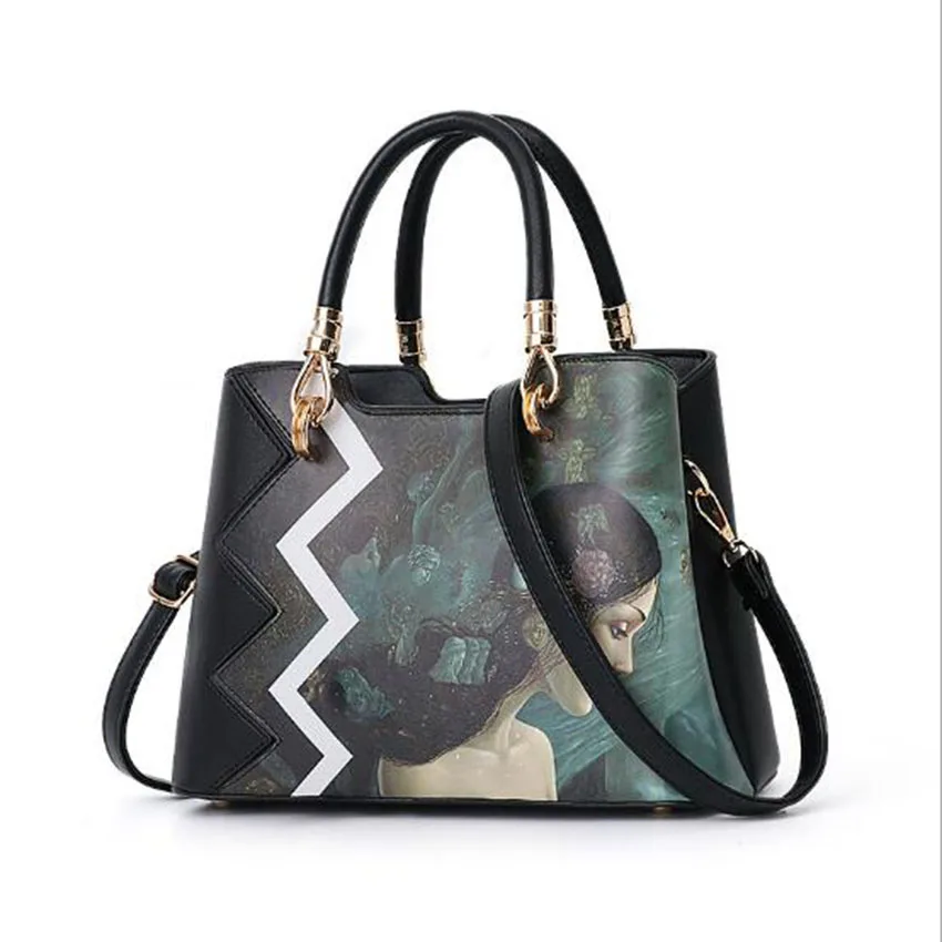 Women Printing Handbags New Fashion Pu Leather Rivet Female Bags Large