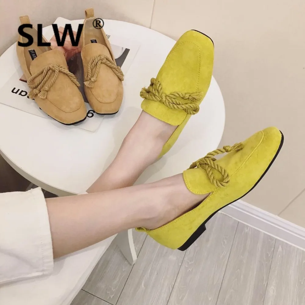 

Casual 2019 Rubber flat fashion Square Toe PU spring women Lace-Up Butterfly-knot Flock Loafers Slip-On shoes leather woman