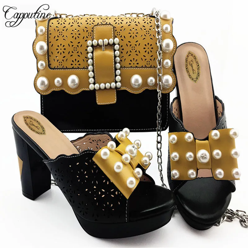 

High Quality Italian Pearl Woman Shoes And Bags Set 2019 Fashion Sliper Pumps 10CM Shoes And Matching Bags Set For Party M008