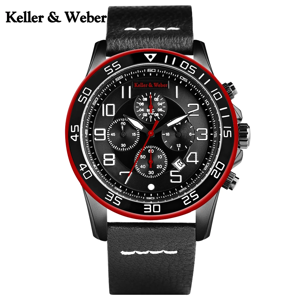 

Keller & Weber Aviator Date Display 3 ATM Watches Chronograph Water Resistant Wrist Watch Male Men Genuine Leather Band Reloj