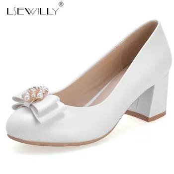 

Lsewilly 2019 Spring New Round Toe pearl Womens Pumps Thick Heel Bowtie wedding shoes ladies party dress shoes size 33-42 E483