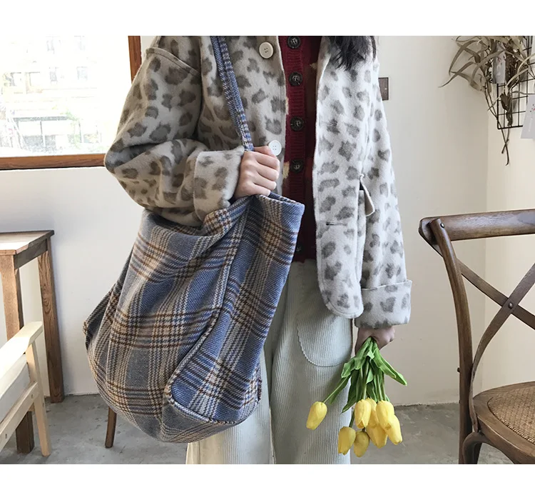 Women Woolen Canvas Bags Scottish Pattern Vintage Plaid Female Large Capacity Big Tote Handbag Ladies Casual Shoulder Bag