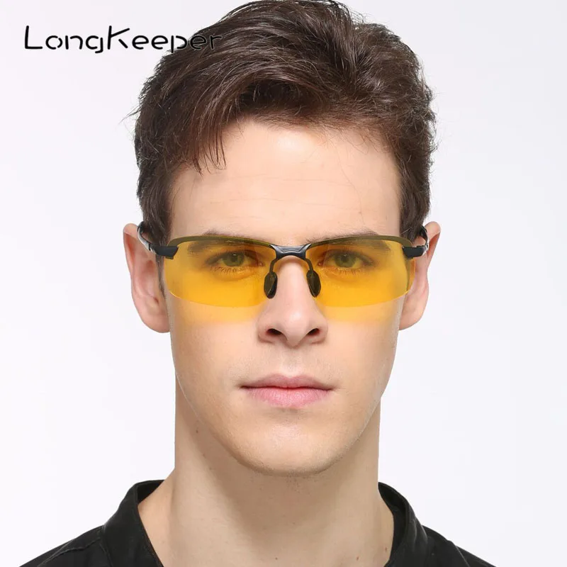 LongKeeper Yellow Lens Night Vision Driving Sunglasses Men Rimless
