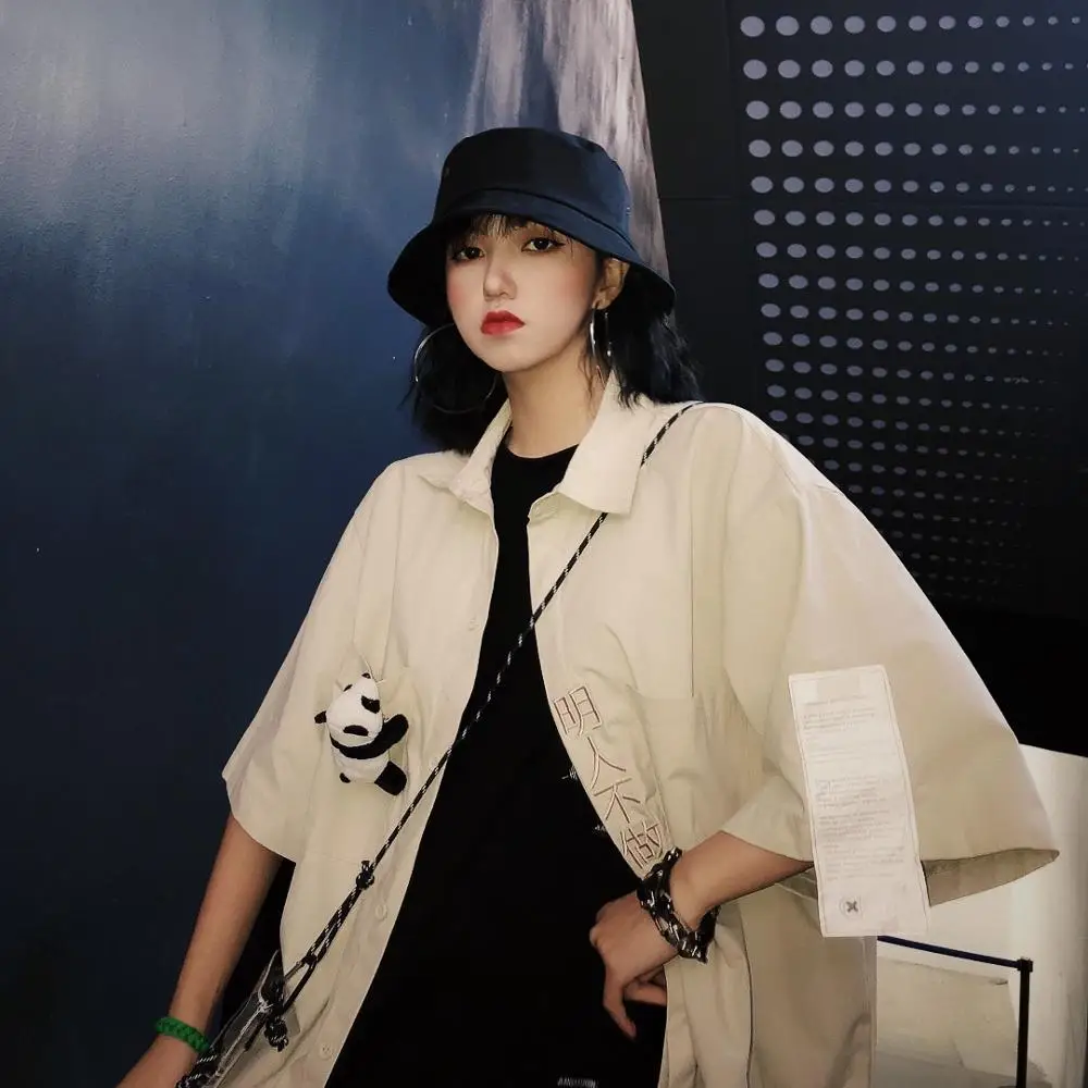 

Summer Street Trendy Single-row Button Retro-Chinese Embroidery Single-row Button Loose BF Tool Style Shirt