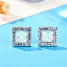 Boho женские маленькие квадратные серьги, серьги, модные ювелирные изделия, серебряные, синие, белые, огненные опаловые серьги, винтажные свадебные серьги для женщин