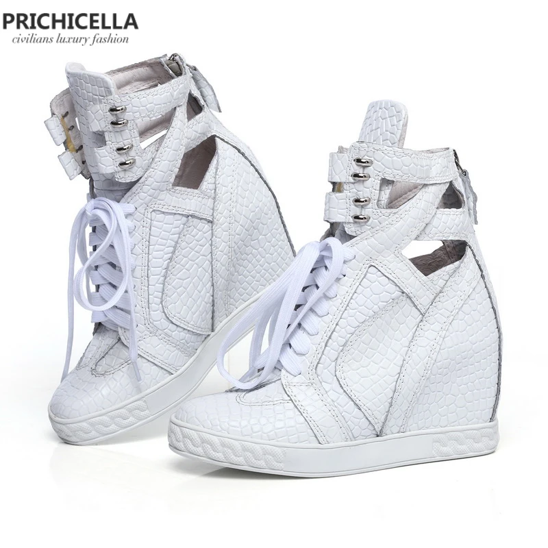 Prichicella качество женская обувь из натуральной кожи белый вырезами на шнуровке Обувь на танкетке