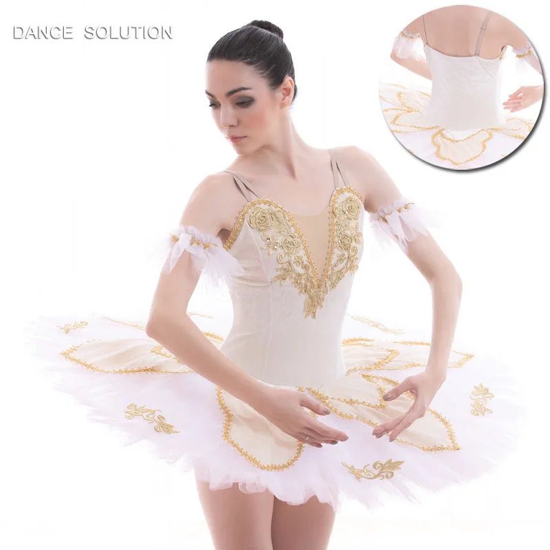 

Ivory Velvet Bodice with Gold Applique Pre-professional Ballet Tutu Pancake Dance Costume Ballet Dress for Girl & Women BLL052