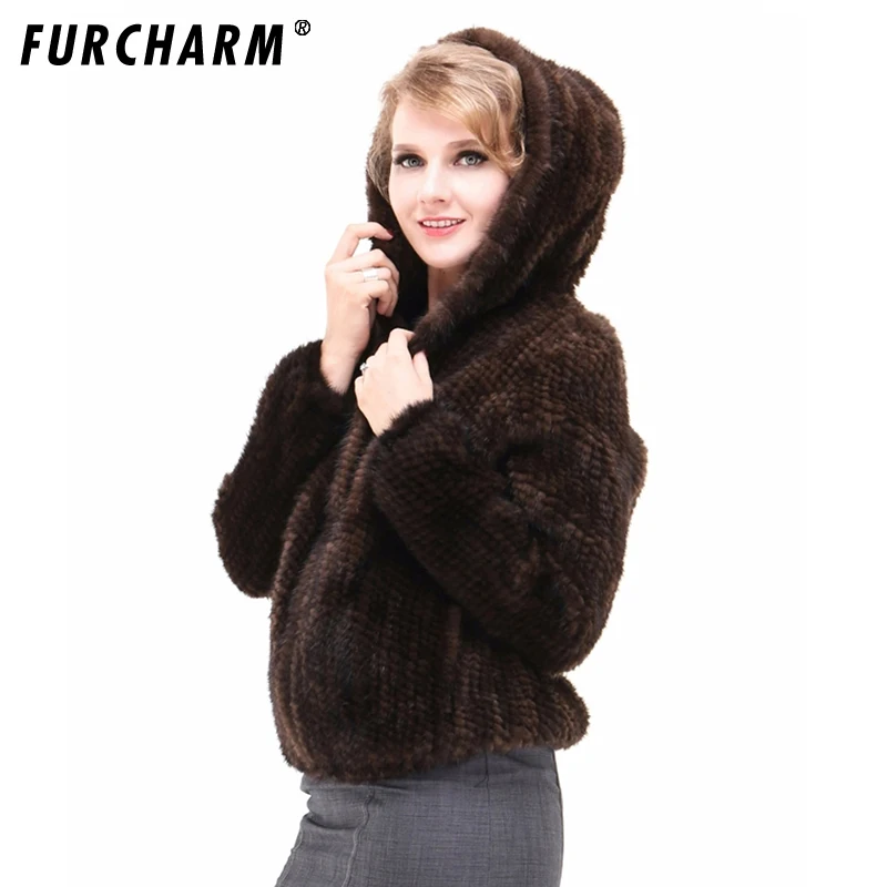 Real Knit Mink Fur Jacket For Women Plus Size Hooded Natural Mink Fur