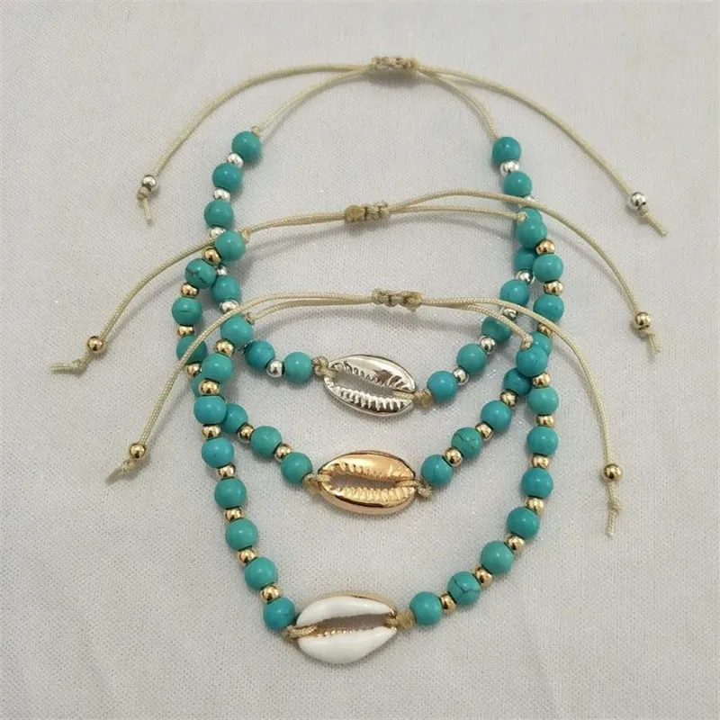 

Beach Gold Silver Color Cowrie Shell Charm Bracelet for Women Bule Bead Strand Bracelet Rope Chain Bracelets Fashion Jewelry