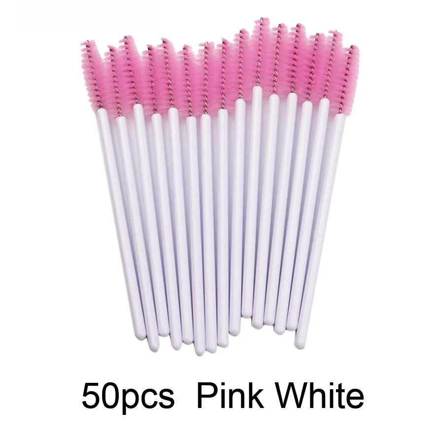 50/100 шт., щетка для ресниц, расческа, одноразовые волокна, новинка, спиральная щетка для наращивания ресниц, инструменты для макияжа, для ресниц, щетка - Handle Color: Pink White 50 PCS