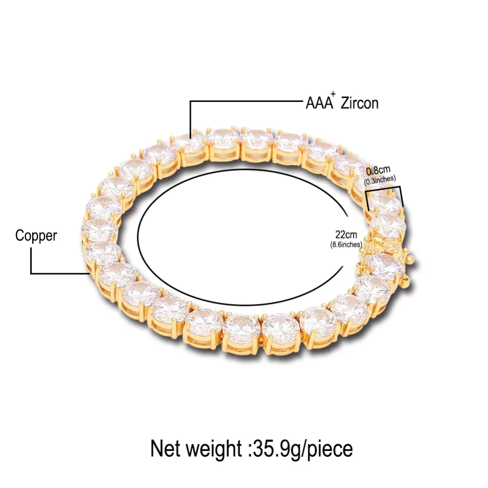 Шикарный король 1 ряд круглой огранки фианит 8 мм Теннисный Браслет Золотой Серебряный тон 22 см медь кубический цирконий мужские хип хоп ювелирные изделия