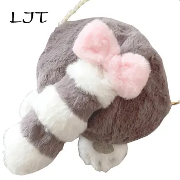 

LJT 2019 Spring Women Plush Bag Cute Cartoon Cat Raccoon Butt Pearl Chain Messenger Bag Mini Mobile Phone Bag Purse bolsos mujer