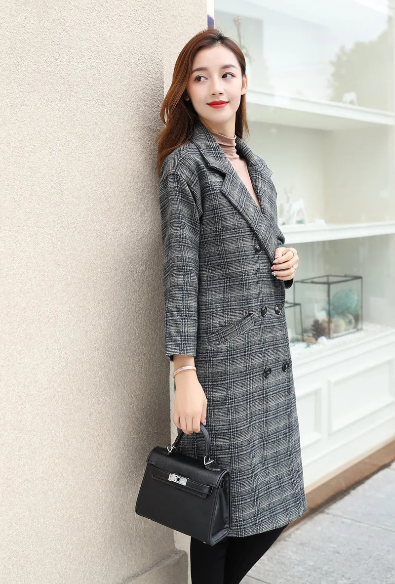 Coréenne 2018 khaki Manteau Ch446 Vintage Grille Longue Veste Double Plaid Manteaux D'hiver Dames green Laineux Gray Breasted Laine Nouveau Pardessus Épais Femmes 8w4wqC