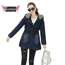 2016 Nova outono inverno fino médio e longo mulheres jaqueta jeans cowboy casaco casuais parka com capuz malha plumon chaqueta mujer