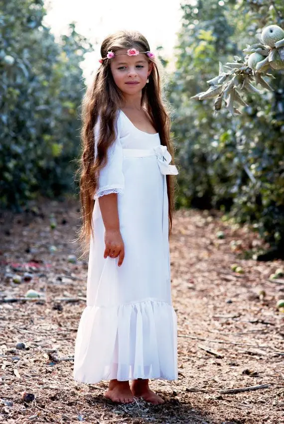 Романтический богемия белый детские платья с рукавами первое причастие платья для девочек португезе comunhao бранко tornozelo