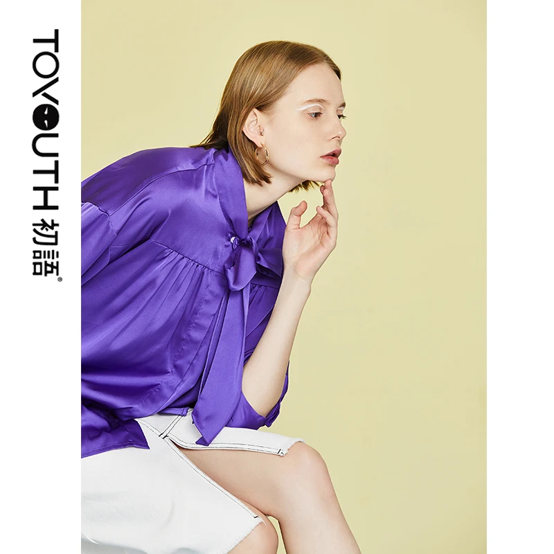 

Toyouth Korean Style Chiffion Women lace-up Collar Three Quarter Puff Sleeve Work Wear Office Lady Blouse Shirt
