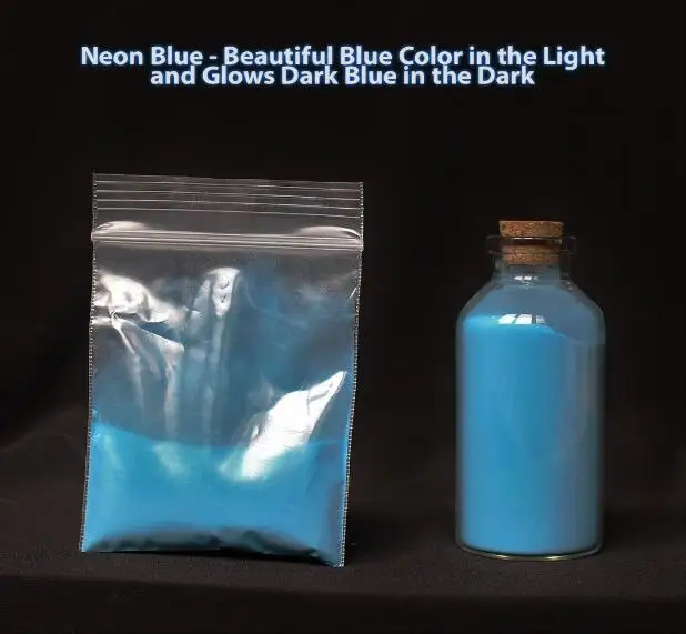 

100 Grams (3.5 Ounces) of Neon Blue Glow in the Dark Powder. Awesome Blue Color in the Daylight and Brilliant Blue in the Dark