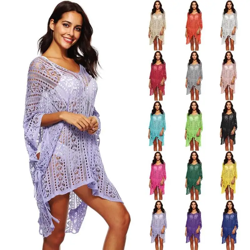 Hollow Pure Sexy Women V Neck Plus Size Irregular Bikini Beach Cover Ups