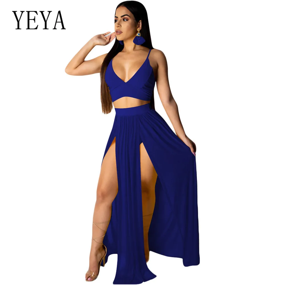 YEYA, сексуальное, с глубоким v-образным вырезом, без рукавов, два предмета в комплекте, шифоновое платье, элегантное, с вырезом, с высоким разрезом, макси платье, летнее, бохо, одежда для вечеринки