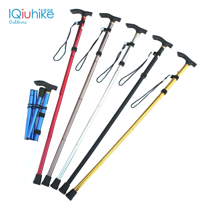 Aluminum Metal Four Sections Walking Stick Easy Adjustable Foldable Collapsible Travel Cane Camping Trekking Stick Red 