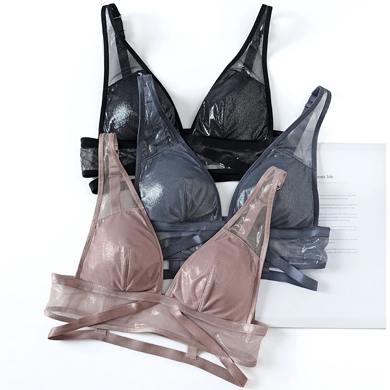 

Wriufred Tempting Ultra-thin Bronzing Mesh Lingerie Women Sexy Underwear Deep V Push Up Bras Matte Glossy Micro-collar Bralette
