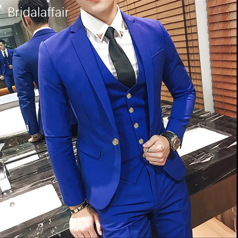 KUSON, королевский синий мужской костюм, 3 шт.,, деловой мужской костюм, s, выпускной, свадебный смокинг, смокинг для жениха, облегающий мужской костюм, набор(пиджак+ брюки+ жилет - Цвет: Королевский синий