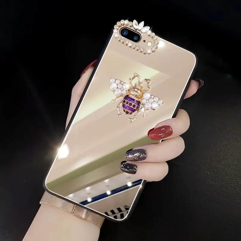 

Brand Women Makeup Mirror Case For iPhone X XR XS Max Bling Diamond Pearl Bee Phone Cover For iPhone 6 6S 7 8 Plus Case Coque