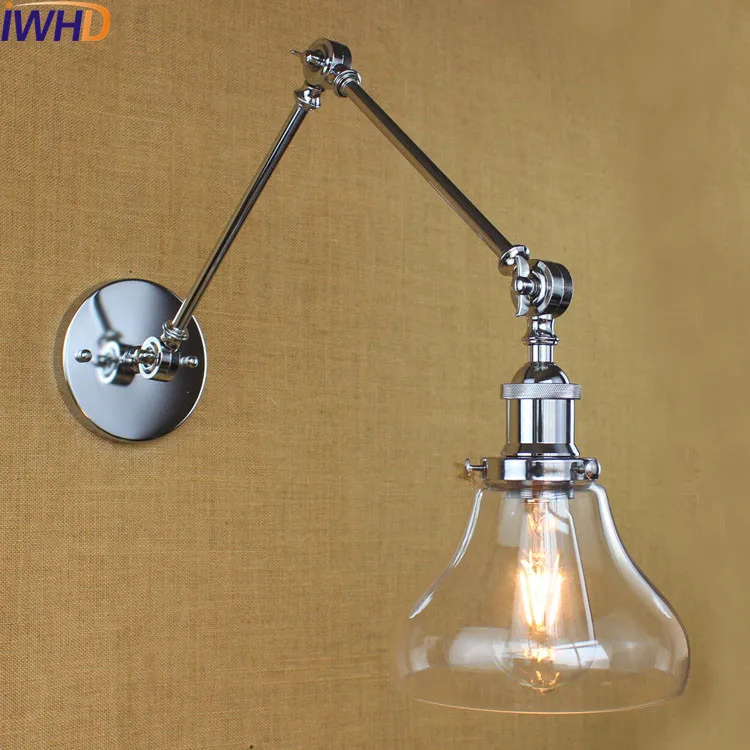 

IWHD Retro Vintage Wall Light Fixtures Bar Coffe Style Loft Industrial Glass Swing Long Arm Wall Lamp Sconce Lampara Pared
