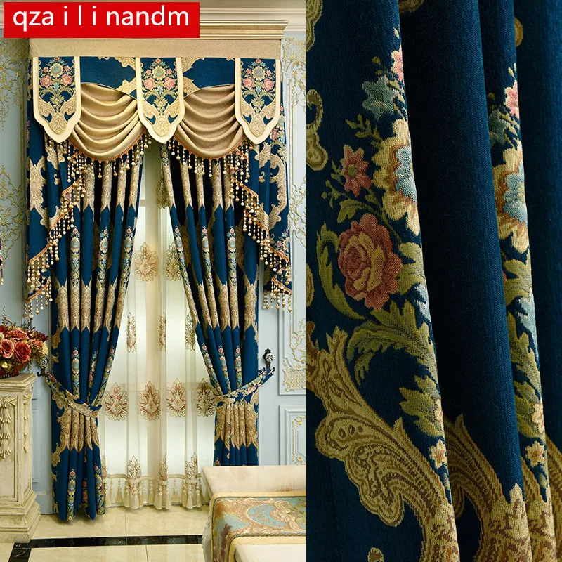

Blue / Beige European top Jacquard Blackout Curtains for Living Room High quality villa floor Curtain for Bedrooms/ kitchen