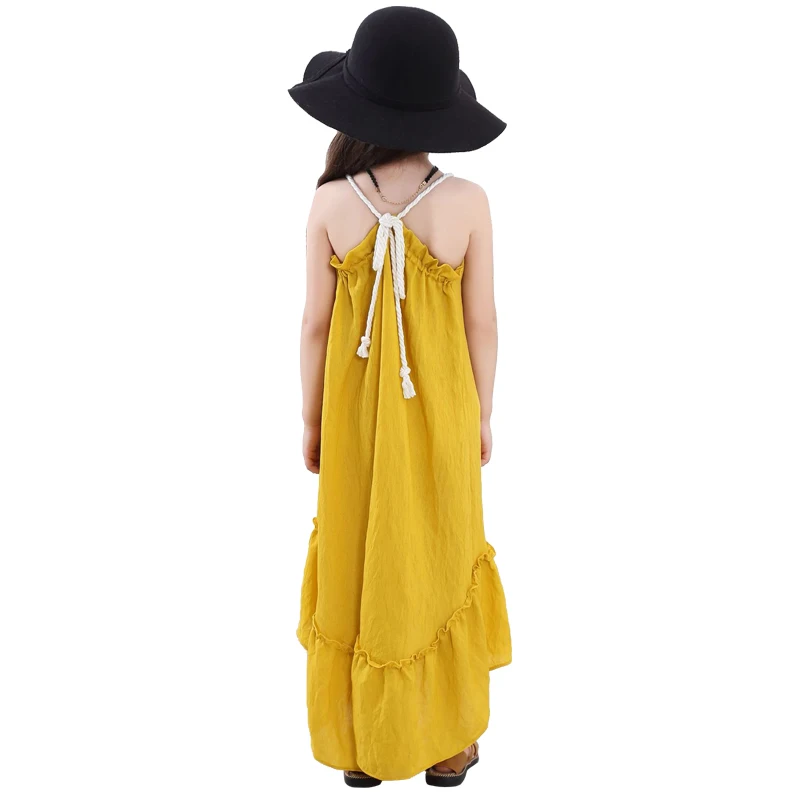 

summer yellow backless bohemian beach clothes age for 3-12 yrs little girls sleeveless irregular fishtail long-dress kids frocks