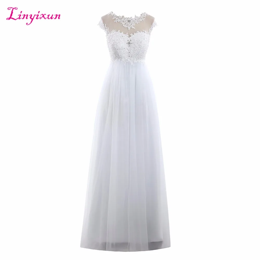 

Linyixun Real Photo 2017 New Arrival Wedding Dresses Sleeveless A-line Floor Length Scoop Chiffon Applique Women Bridal Gowns