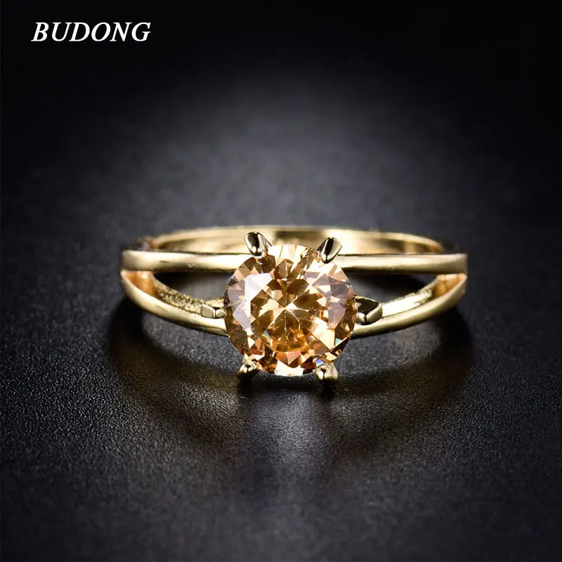 BUDONG Valentine's Day Gift Women Gold-Color Rings with Yellow Crystal Cubic Zirconia November Birthstone Wedding Ring R022