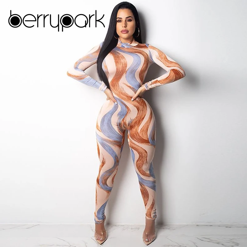 

BerryPark Oil Painting Print Sport Jumpsuit 2019 Winter Women Long Sleeve Turtleneck Yoga Set Gym Fitness Suit Running Clothes