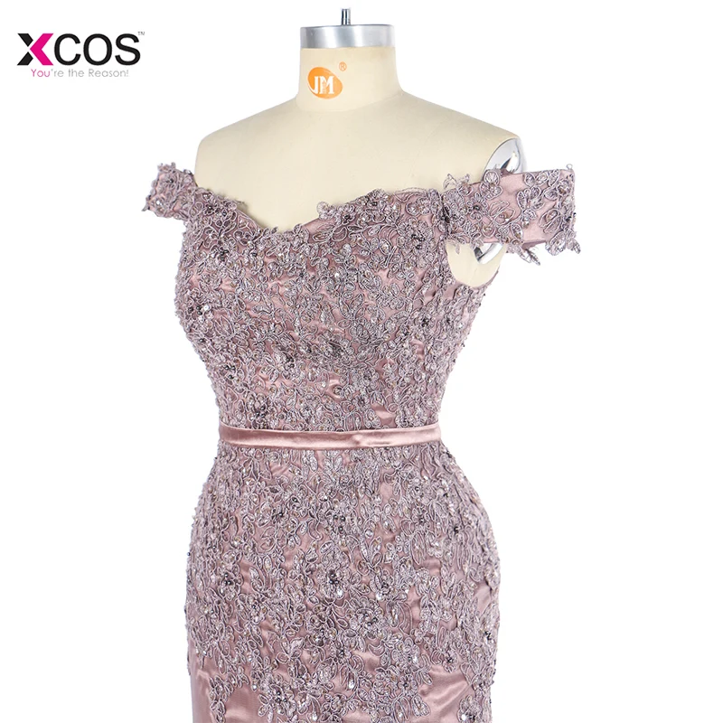 Dusty Pink Off the Shoulder Mermaid Evening Dress Long 2019 Lace Appliques Beads Formal Trumpet Prom Gown Robe de Soiree Longue